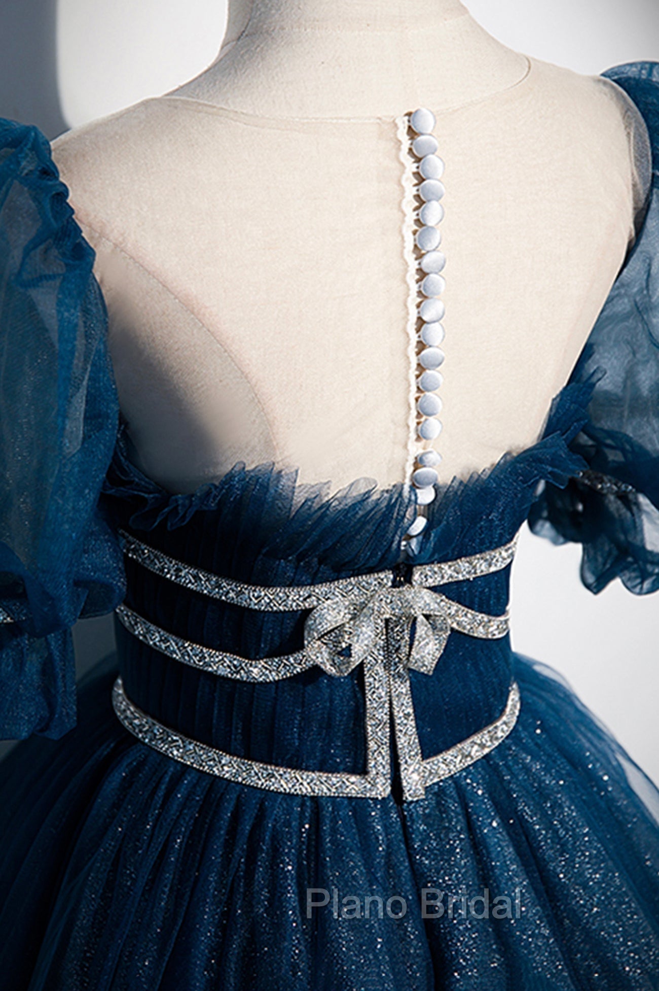 Blue Tulle Long A-Line Formal Prom Dresses, A-Line Short Sleeve Evening Dresses