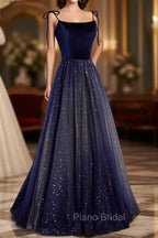 Blue Tulle Long A-Line Formal Prom Dresses, Blue Spaghetti Strap Evening Party Dresses