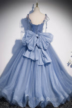 Blue Tulle Long A-Line Formal Prom Dresses, Blue Spaghetti Straps Party Dresses with Bow