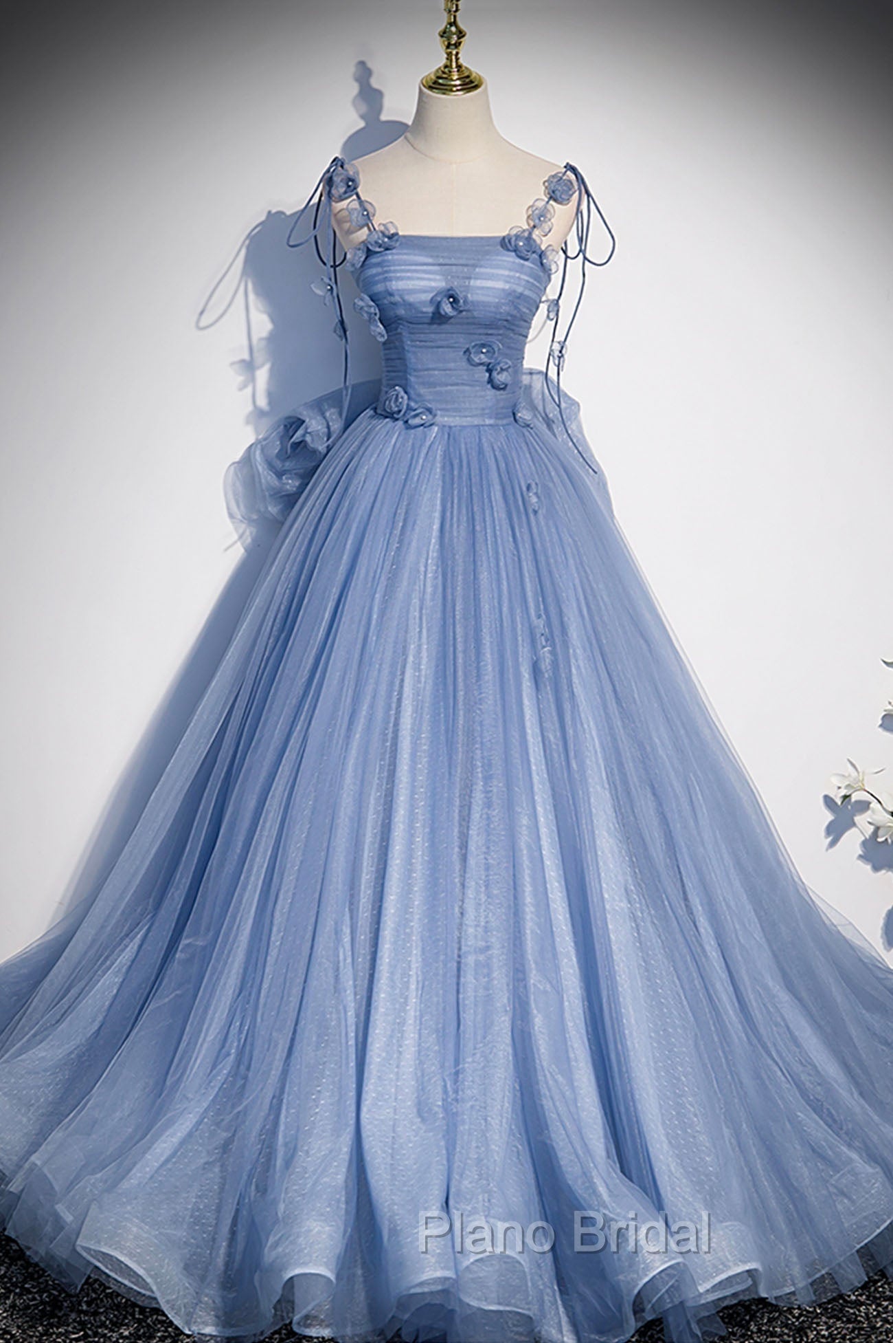 Blue Tulle Long A-Line Formal Prom Dresses, Blue Spaghetti Straps Party Dresses with Bow Secondary image