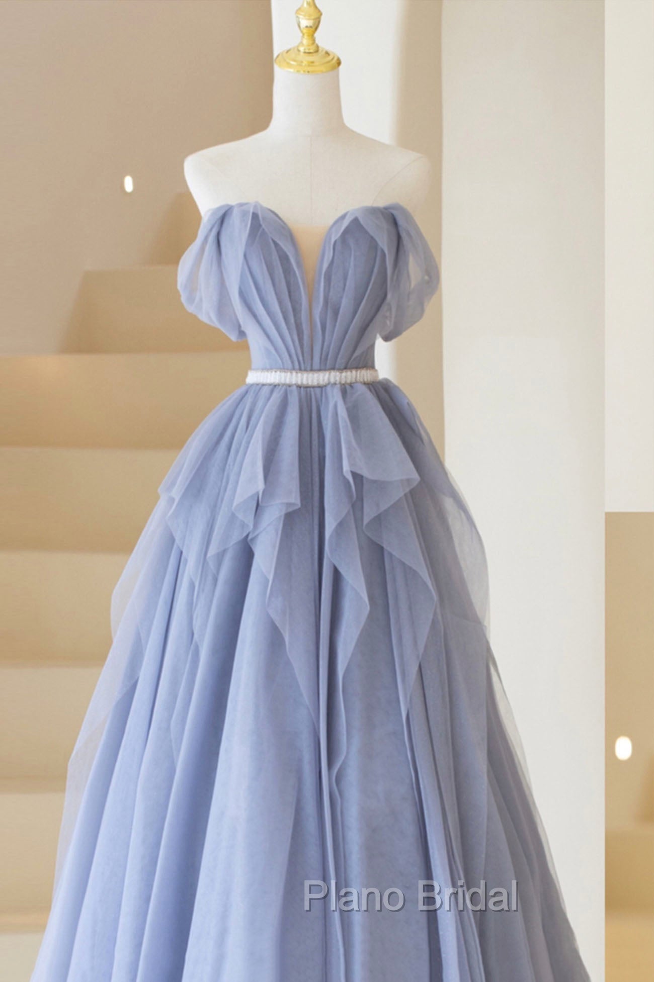 Blue Tulle Long A-Line Formal Prom Dresses, Cute Strapless Graduation Dresses Secondary image
