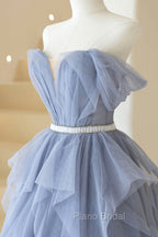 Blue Tulle Long A-Line Formal Prom Dresses, Cute Strapless Graduation Dresses