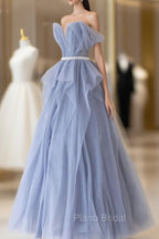 Blue Tulle Long A-Line Formal Prom Dresses, Cute Strapless Graduation Dresses