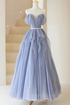 Blue Tulle Long A-Line Formal Prom Dresses, Cute Strapless Graduation Dresses