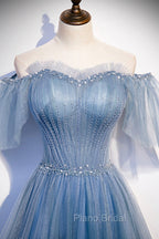 Blue Tulle Long A-Line Formal Prom Dresses, Off the Shoulder Evening Party Dresses