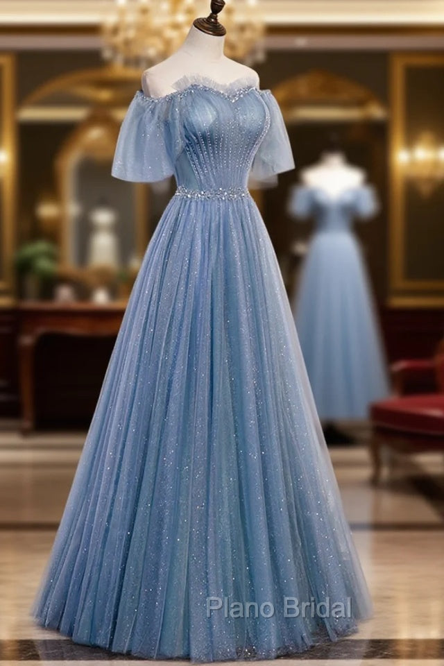 Blue Tulle Long A-Line Formal Prom Dresses, Off the Shoulder Evening Party Dresses
