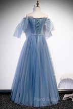 Blue Tulle Long A-Line Formal Prom Dresses, Off the Shoulder Evening Party Dresses