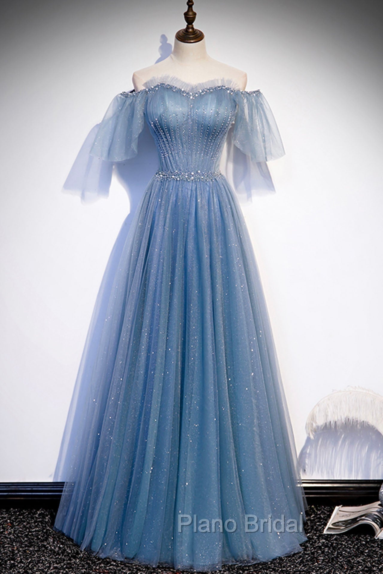Blue Tulle Long A-Line Formal Prom Dresses, Off the Shoulder Evening Party Dresses Main image
