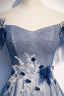 Blue Tulle Long A-Line Formal Prom Dresses, Off the Shoulder Evening Party Dresses