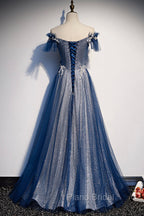 Blue Tulle Long A-Line Formal Prom Dresses, Off the Shoulder Evening Party Dresses