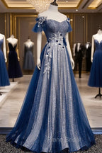 Blue Tulle Long A-Line Formal Prom Dresses, Off the Shoulder Evening Party Dresses
