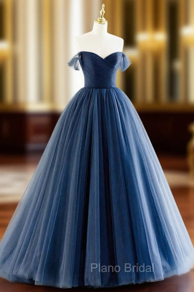 Blue Tulle Long A-Line Formal Prom Dresses, Off the Shoulder Formal Evening Dresses Main image