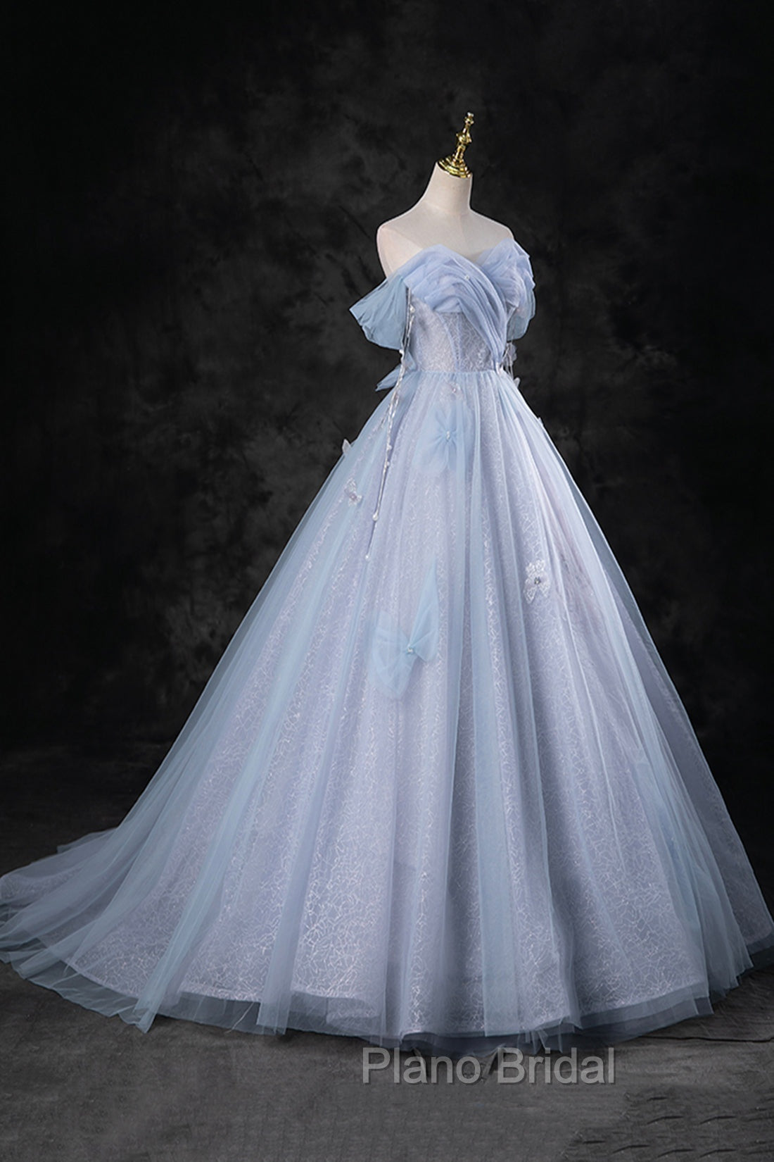 Blue Tulle Long A-Line Formal Prom Dresses Party Dresses, Beautiful Off the Shoulder Blue Evening Dresses