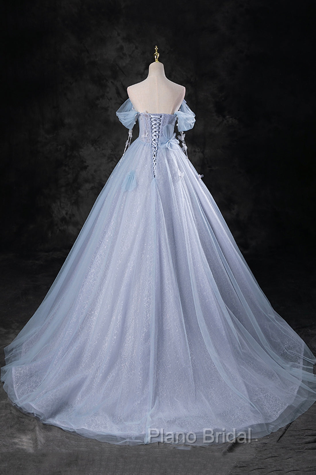 Blue Tulle Long A-Line Formal Prom Dresses Party Dresses, Beautiful Off the Shoulder Blue Evening Dresses
