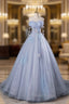 Blue Tulle Long A-Line Formal Prom Dresses Party Dresses, Beautiful Off the Shoulder Blue Evening Dresses