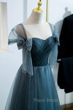 Blue Tulle Long A-Line Formal Prom Dresses, Simple Sweetheart Neckline Evening Party Dresses