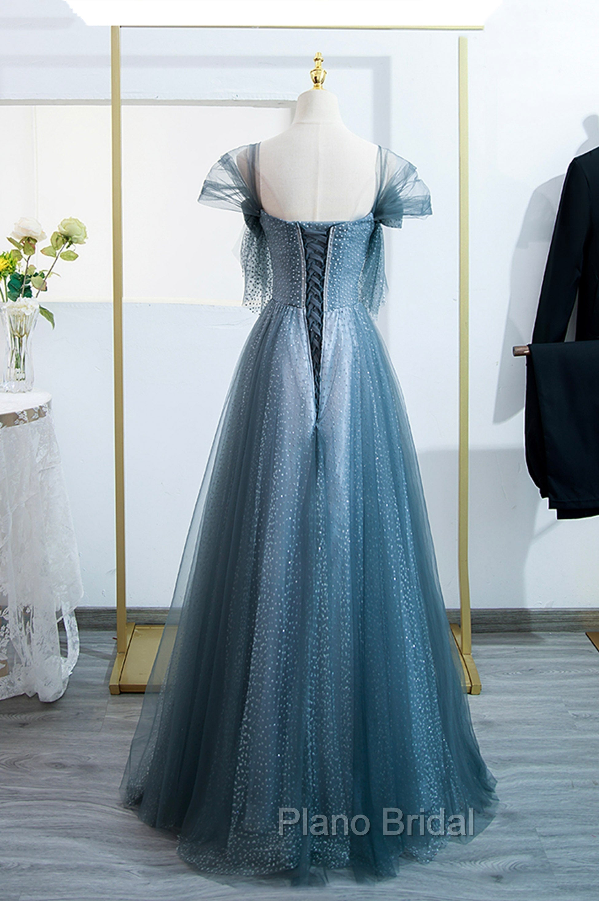 Blue Tulle Long A-Line Formal Prom Dresses, Simple Sweetheart Neckline Evening Party Dresses