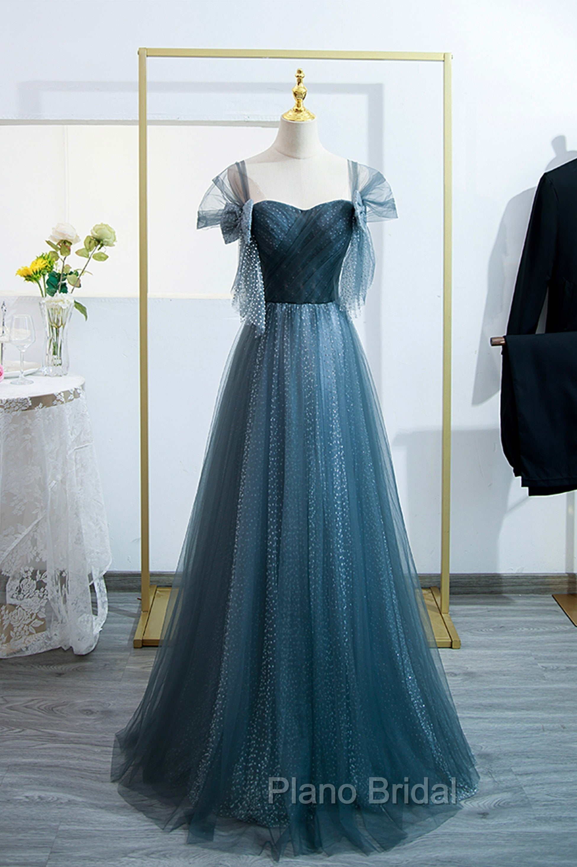 Blue Tulle Long A-Line Formal Prom Dresses, Simple Sweetheart Neckline Evening Party Dresses Main image