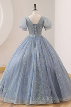 Blue Tulle Long A-Line Formal Prom Dresses, V-Neck Short Sleeve Evening Dresses
