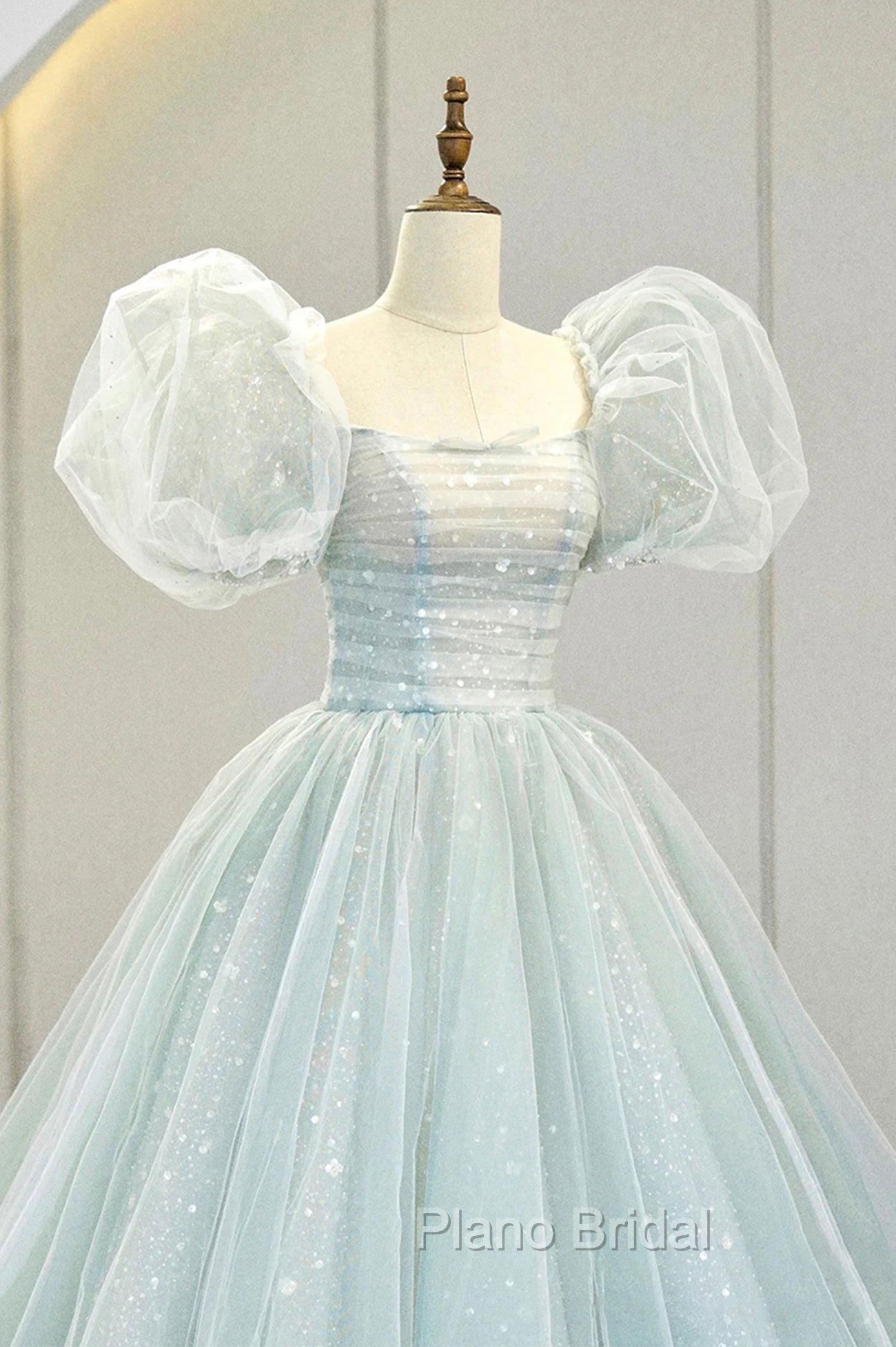 Blue Tulle Long A-Line Formal Prom Dresses with Sequins, Lovely Puff Sleeve Evening Gown Secondary image