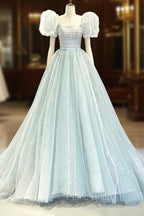 Blue Tulle Long A-Line Formal Prom Dresses with Sequins, Lovely Puff Sleeve Evening Gown