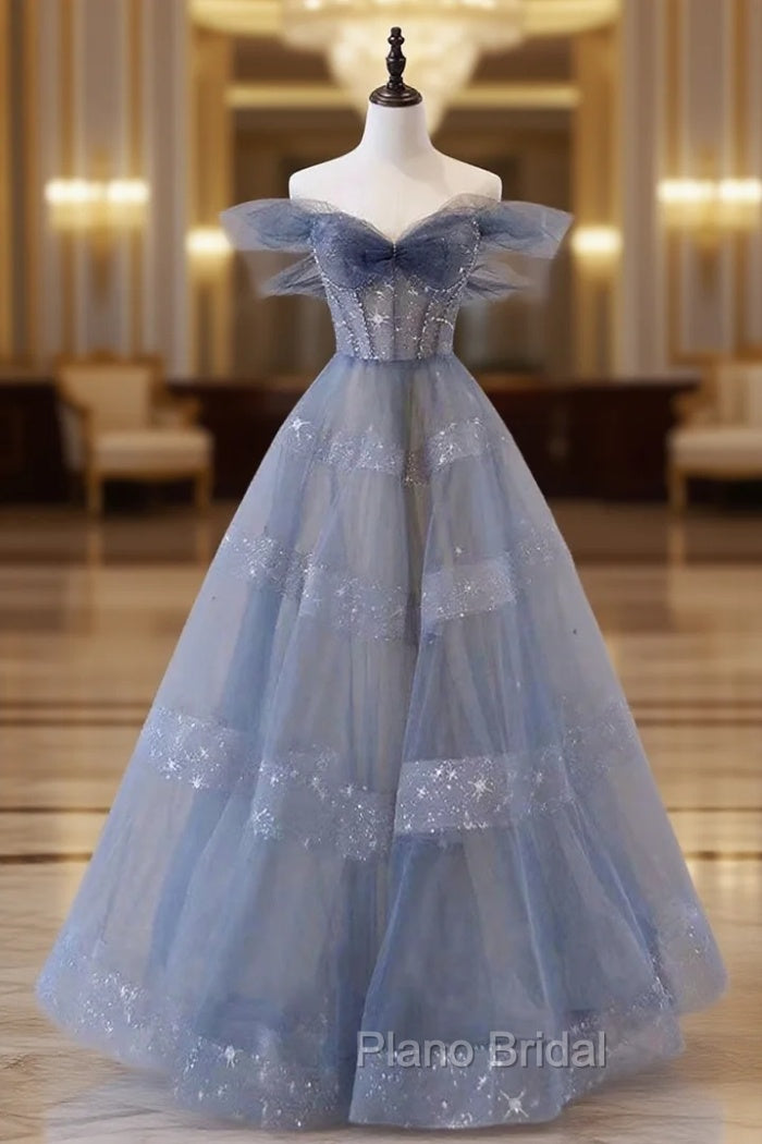 Blue Tulle Long A-Line Formal Prom Dresses Main image