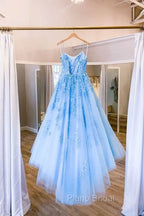 Blue Tulle Long Backless A Line Formal Prom Dresses Evening Dresses