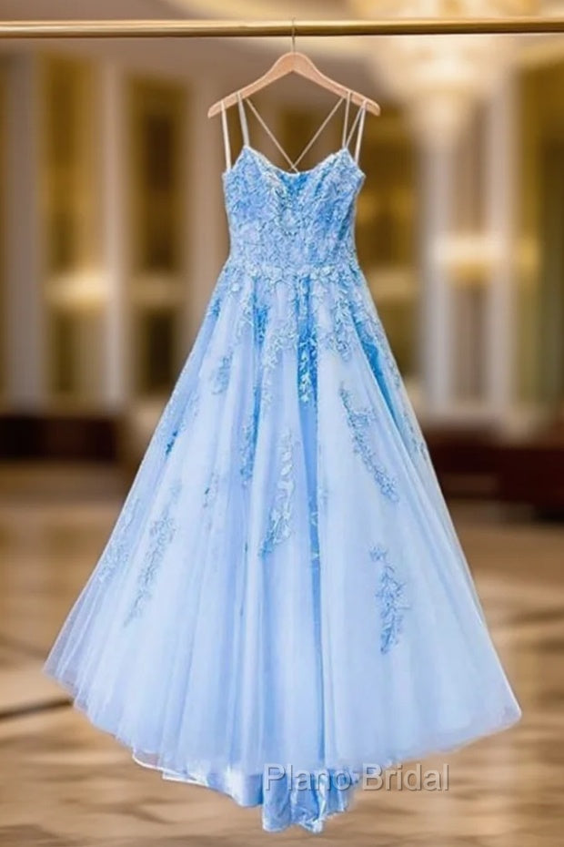 Blue Tulle Long Backless A Line Formal Prom Dresses Evening Dresses Main image