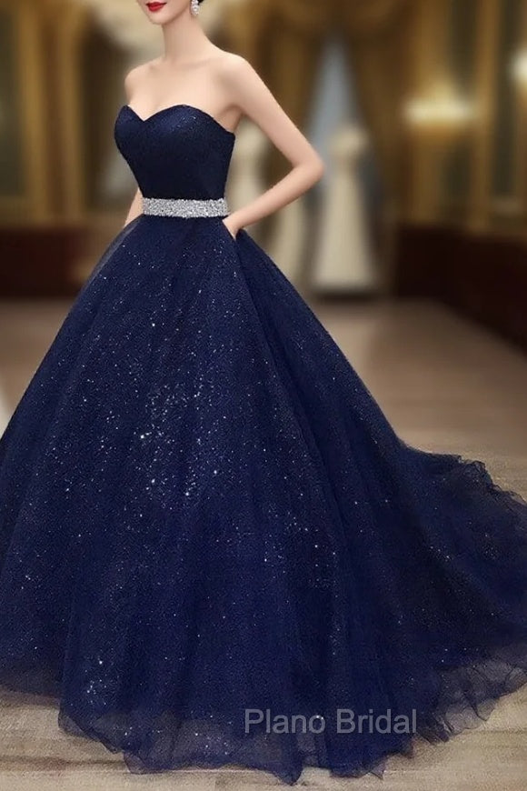 Blue Tulle Long Evening Gown Party Dresses, Navy Blue Sweet 16 Gown