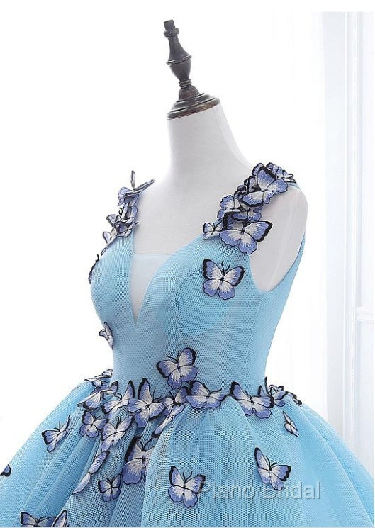 Blue Tulle Long Party Dresses With Butterfly, Gorgeous Sweet 16 Dresses