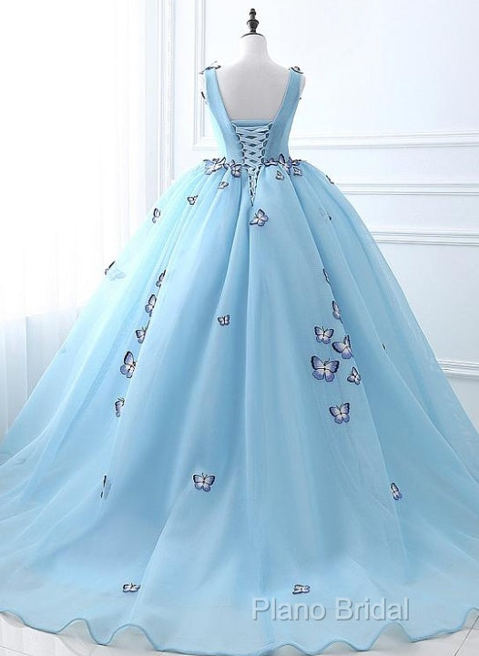 Blue Tulle Long Party Dresses With Butterfly, Gorgeous Sweet 16 Dresses