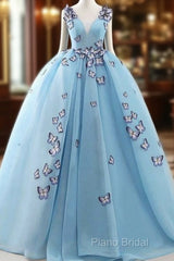 Blue Tulle Long Party Dresses With Butterfly, Gorgeous Sweet 16 Dresses