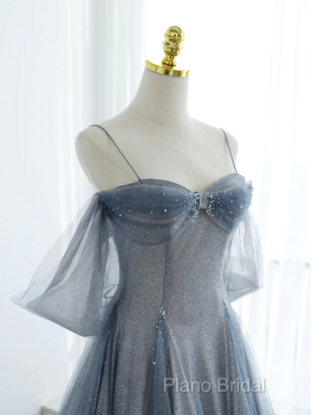 Blue Tulle Long Formal Prom Dresses, A-Line Off The Shoulder Blue Formal Party Dresses Secondary image