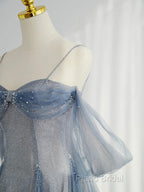Blue Tulle Long Formal Prom Dresses, A-Line Off The Shoulder Blue Formal Party Dresses