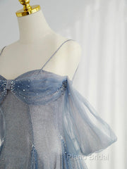 Blue Tulle Long Formal Prom Dresses, A-Line Off The Shoulder Blue Formal Party Dresses