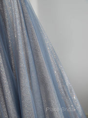 Blue Tulle Long Formal Prom Dresses, A-Line Off The Shoulder Blue Formal Party Dresses