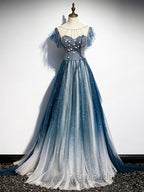 Blue Tulle Long Formal Prom Dresses, Blue Beads Long Evening Dresses