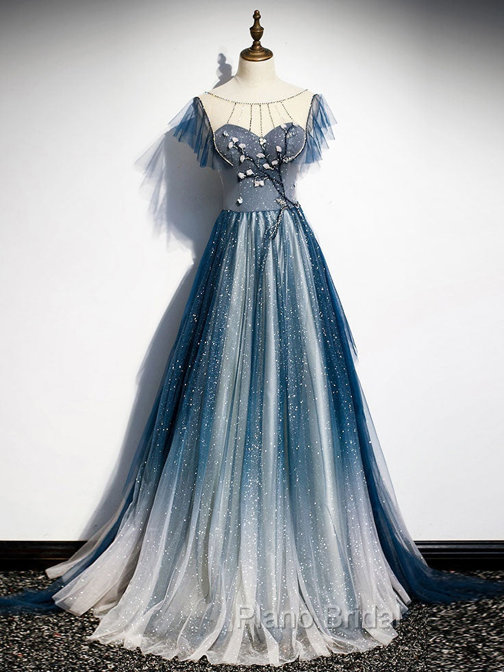 Blue Tulle Long Formal Prom Dresses, Blue Beads Long Evening Dresses