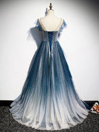 Blue Tulle Long Formal Prom Dresses, Blue Beads Long Evening Dresses