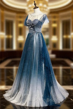 Blue Tulle Long Formal Prom Dresses, Blue Beads Long Evening Dresses