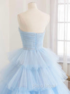 Blue Tulle Long Formal Prom Dresses, Blue Tulle Ball Gown Evening Dresses