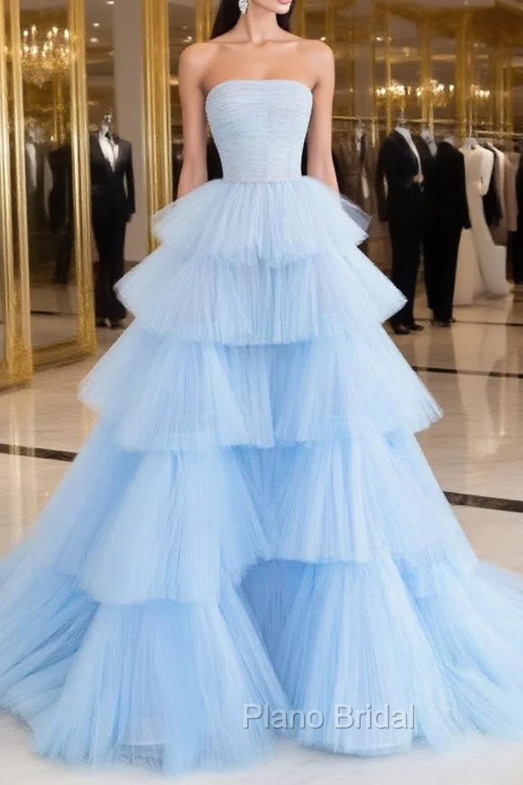 Blue Tulle Long Formal Prom Dresses, Blue Tulle Ball Gown Evening Dresses Main image