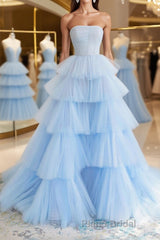 Blue tulle long prom dress, blue tulle evening dress