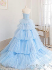 Blue tulle long Formal Prom dress, blue tulle evening dress