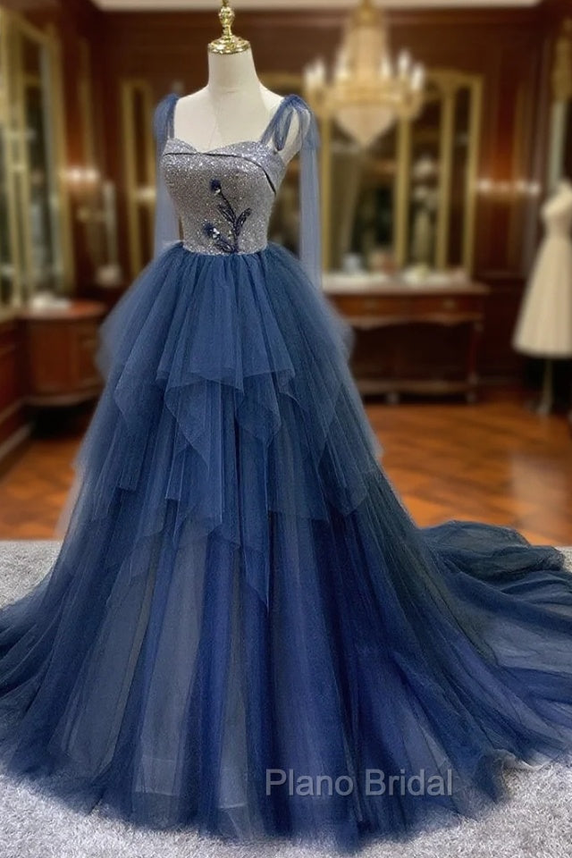 Blue Tulle Long Formal Prom Dresses, Blue Tulle Long Evening Dresses