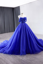 Blue Tulle Long Formal Prom Dresses, Off the Shoulder Formal Evening Party Dresses