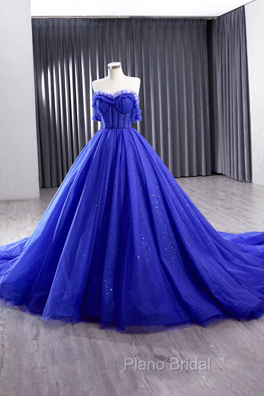 Blue Tulle Long Formal Prom Dresses, Off the Shoulder Formal Evening Party Dresses
