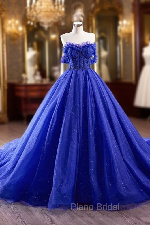 Blue Tulle Long Formal Prom Dresses, Off the Shoulder Formal Evening Party Dresses Main image