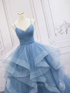 Blue Tulle Long Formal Prom Dresses, Blue Tulle Formal Dresses Sweet 16 Dresses