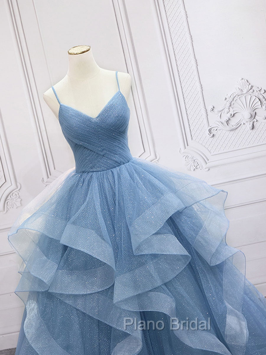 Blue Tulle Long Formal Prom Dresses, Blue Tulle Formal Dresses Sweet 16 Dresses